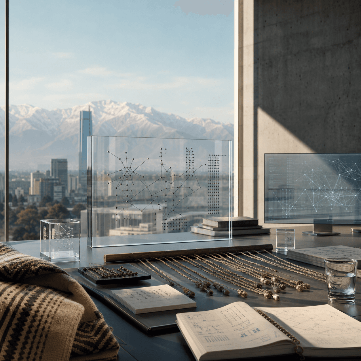 Research workspace in Santiago, Chile with the Andes in the background, AI nodes, and restrained Andean motifs.